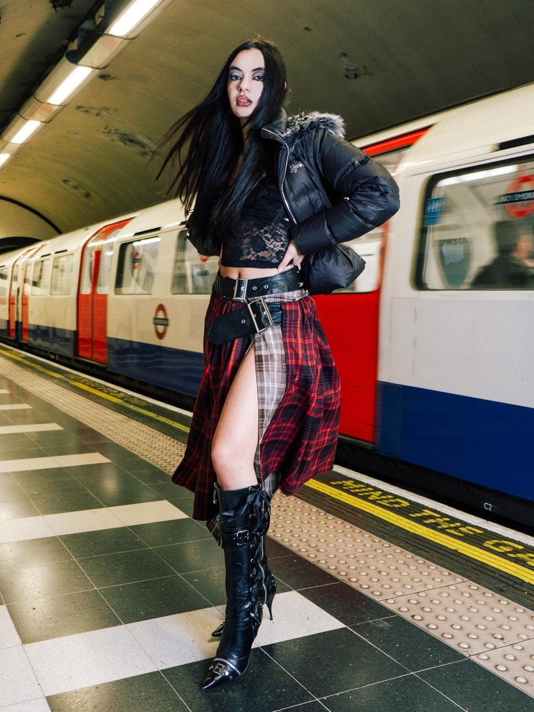 JYOSEI Short Waist Defining Black Puffer Jacket with Fixed Fur Hood