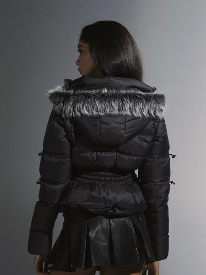 JYOSEI Short Waist Defining Black Puffer Jacket with Fixed Fur Hood