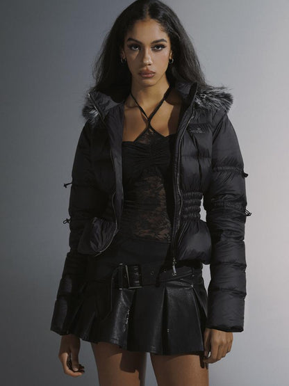 JYOSEI Short Waist Defining Black Puffer Jacket with Fixed Fur Hood