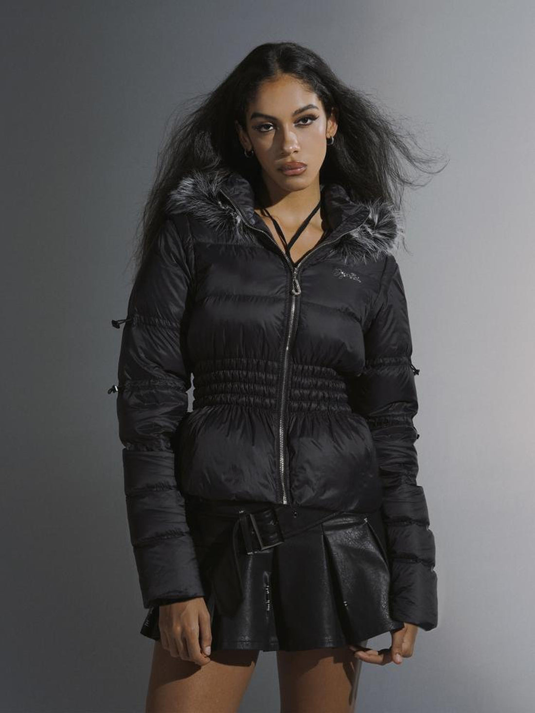 JYOSEI Short Waist Defining Black Puffer Jacket with Fixed Fur Hood