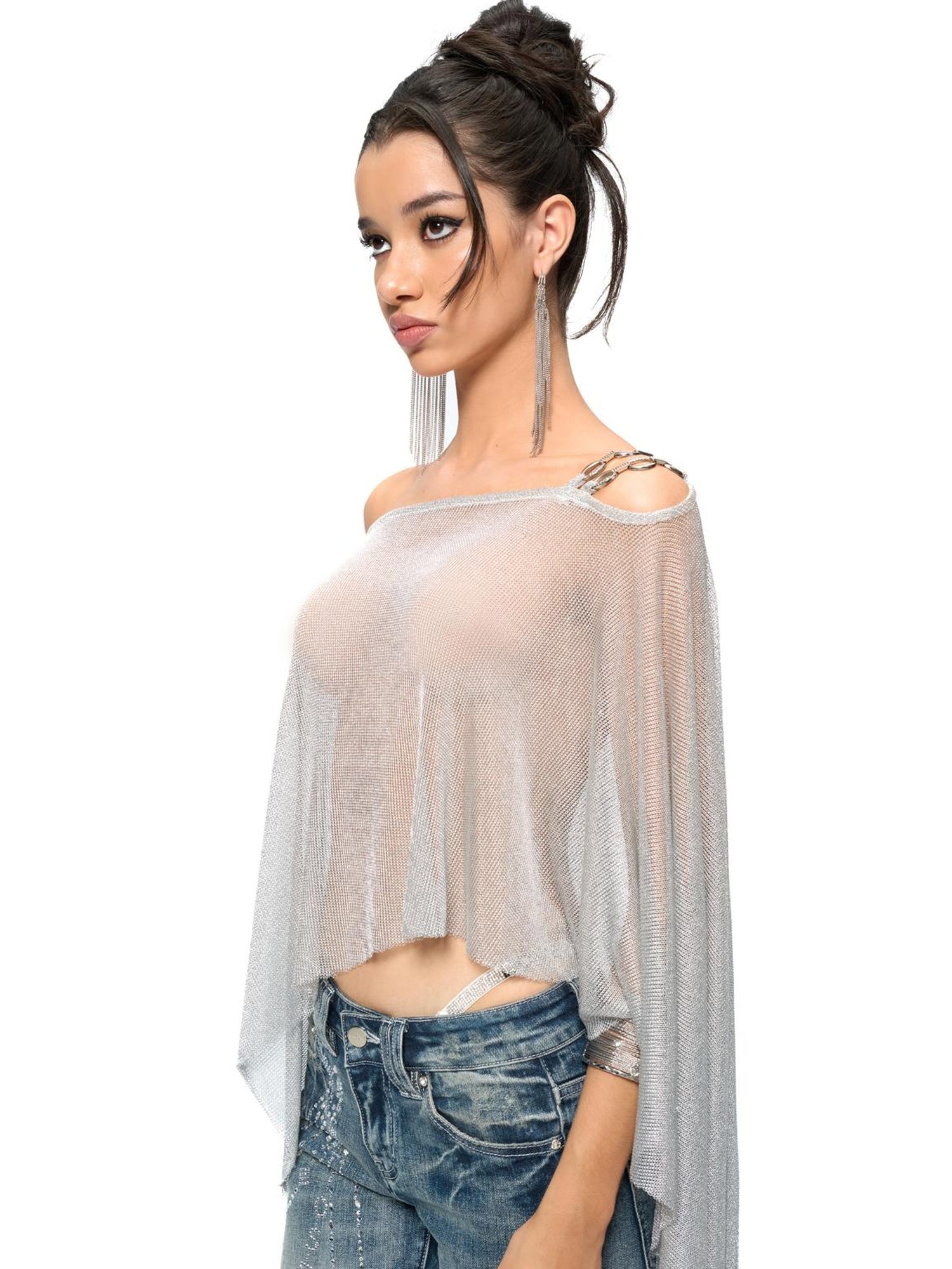 JYOSEI Silver Metallic Asymmetric Cut Out Beach Cover Up