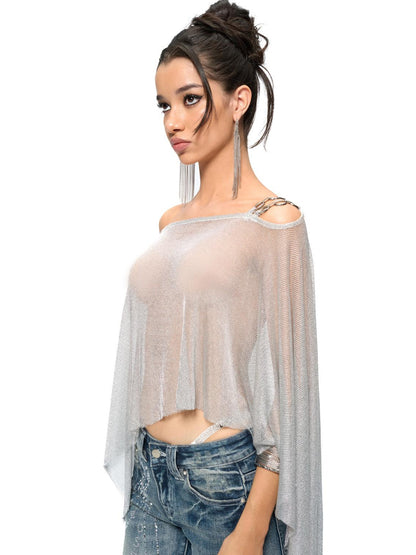 JYOSEI Silver Metallic Asymmetric Cut Out Beach Cover Up