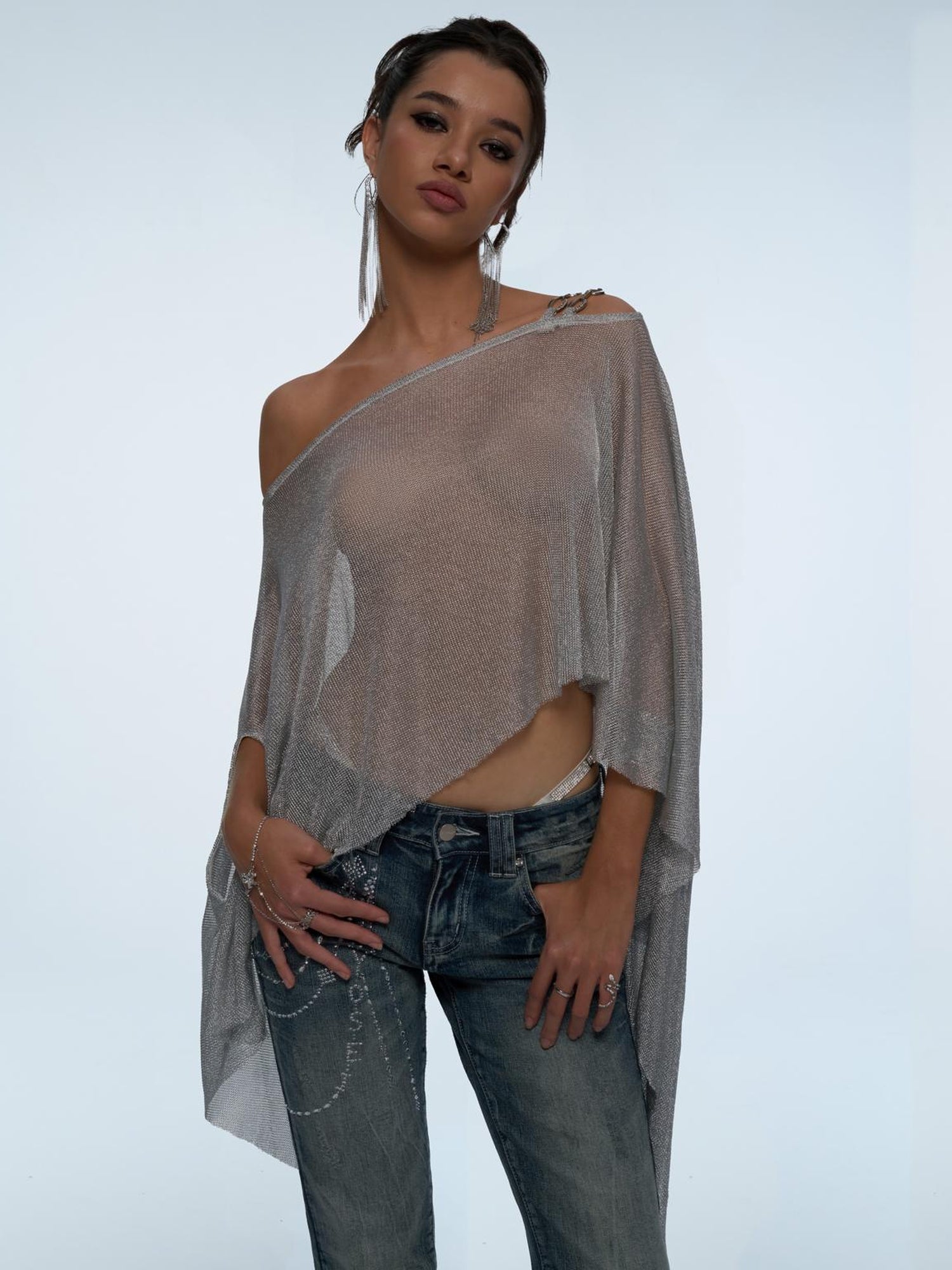 JYOSEI Silver Metallic Asymmetric Cut Out Beach Cover Up