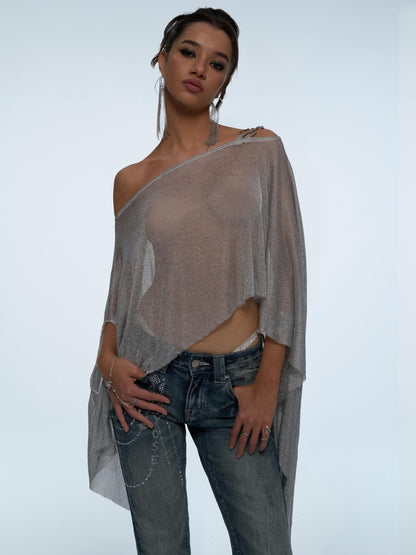 JYOSEI Silver Metallic Asymmetric Cut Out Beach Cover Up