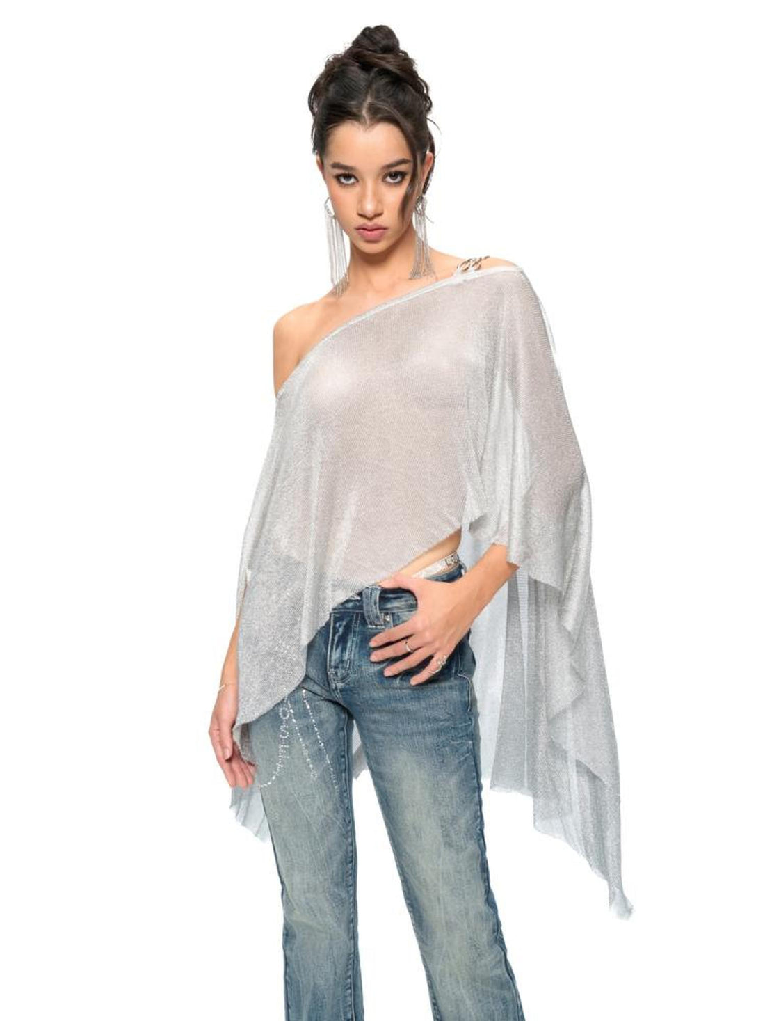 JYOSEI Silver Metallic Asymmetric Cut Out Beach Cover Up