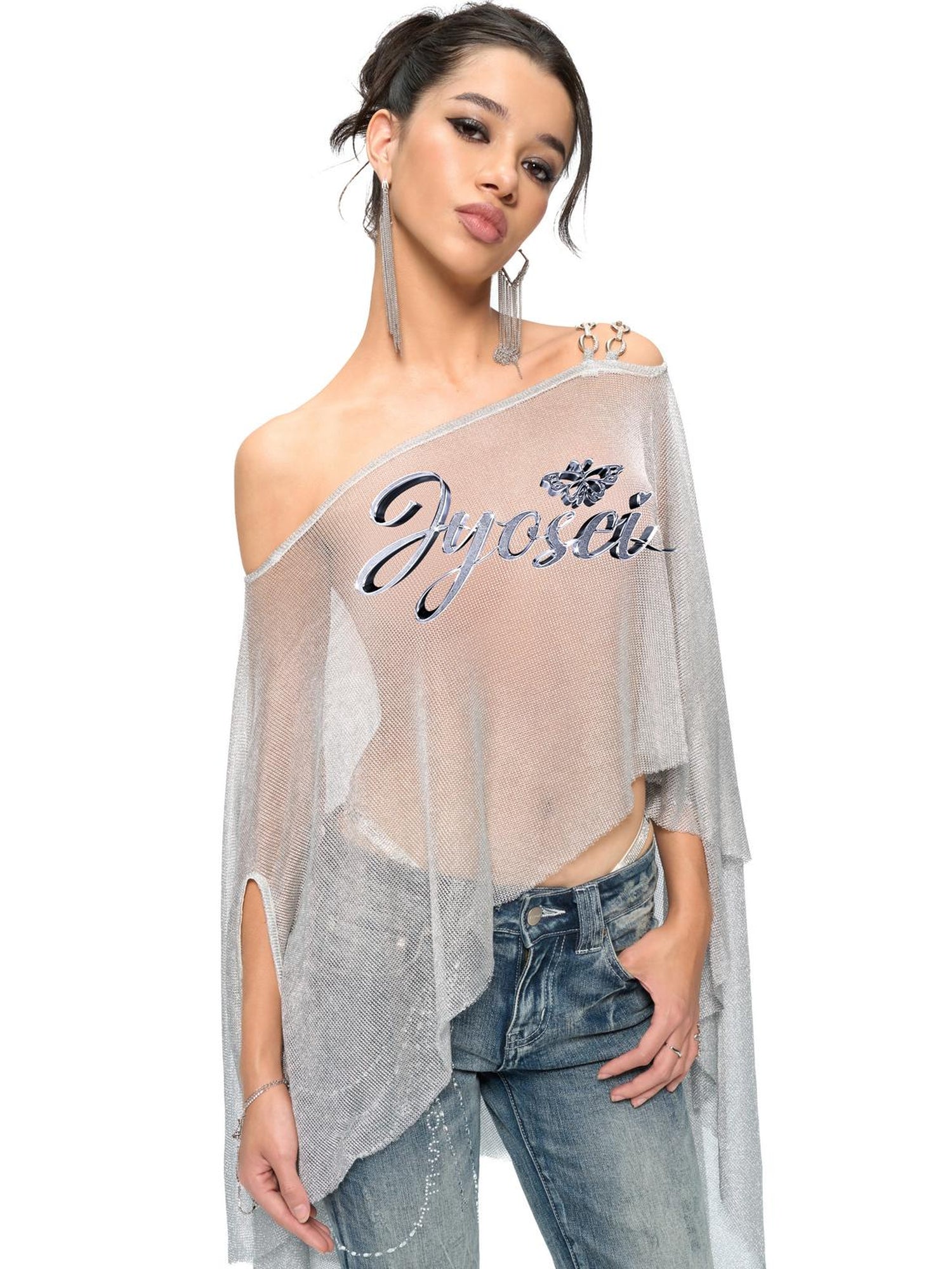 JYOSEI Silver Metallic Asymmetric Cut Out Beach Cover Up
