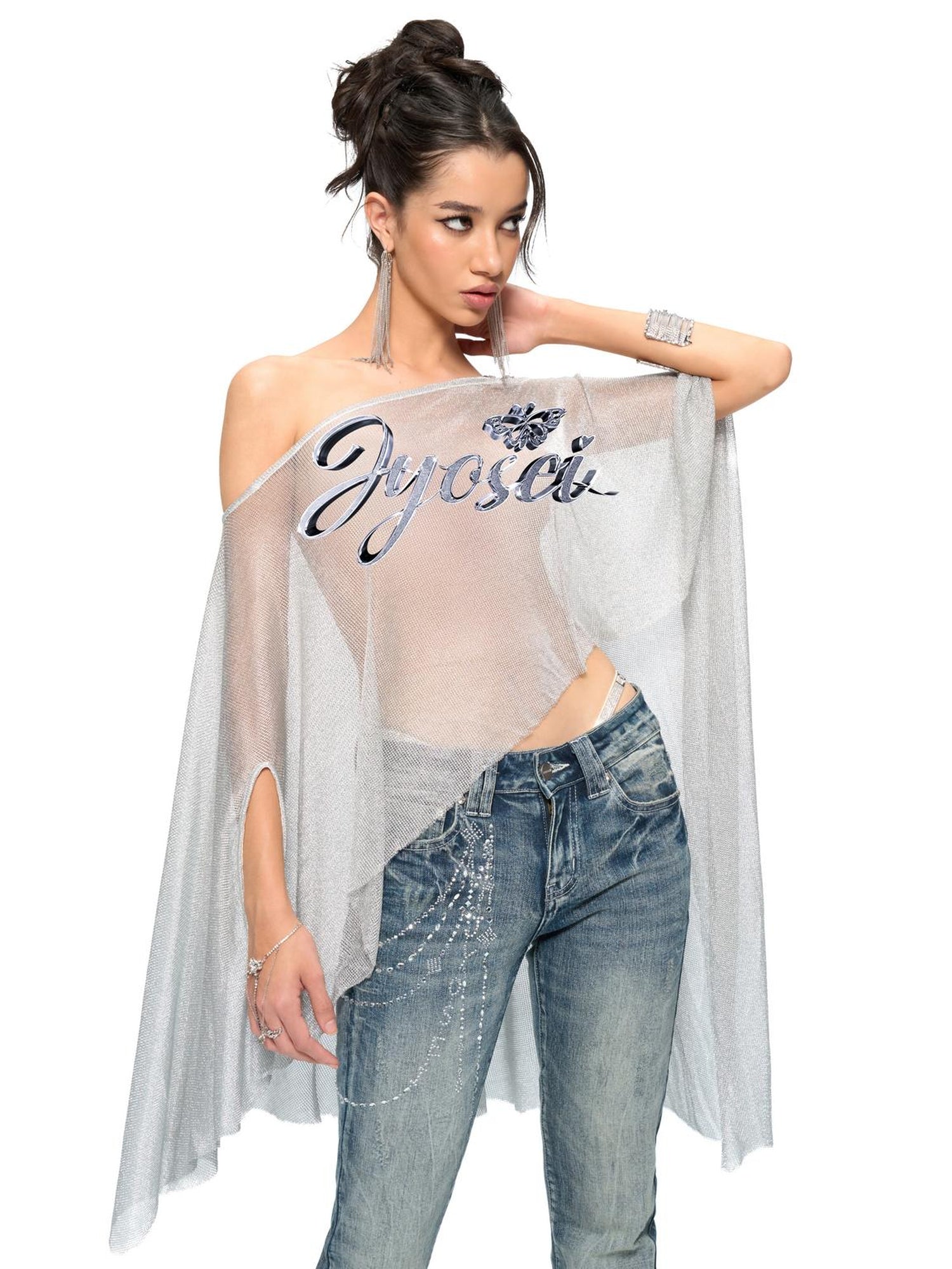 JYOSEI Silver Metallic Asymmetric Cut Out Beach Cover Up