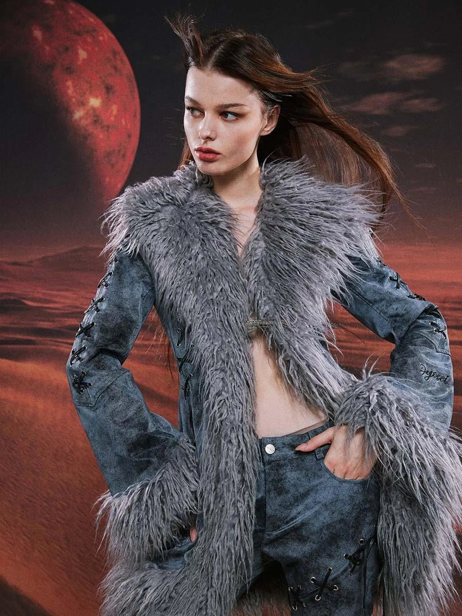 Smoky Grey Shearling Like Faux Leather Set With Wide Leg Pants