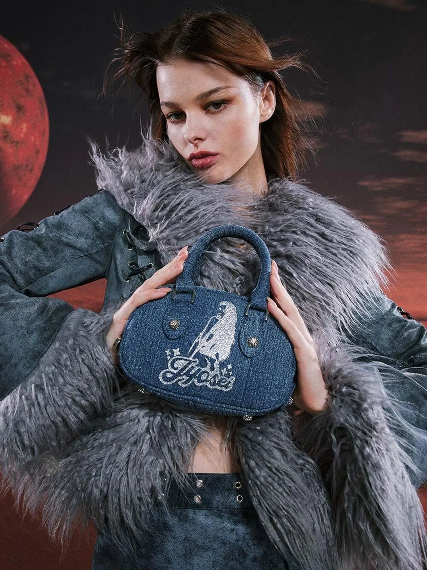 Smoky Grey Shearling Like Faux Leather Set With Wide Leg Pants