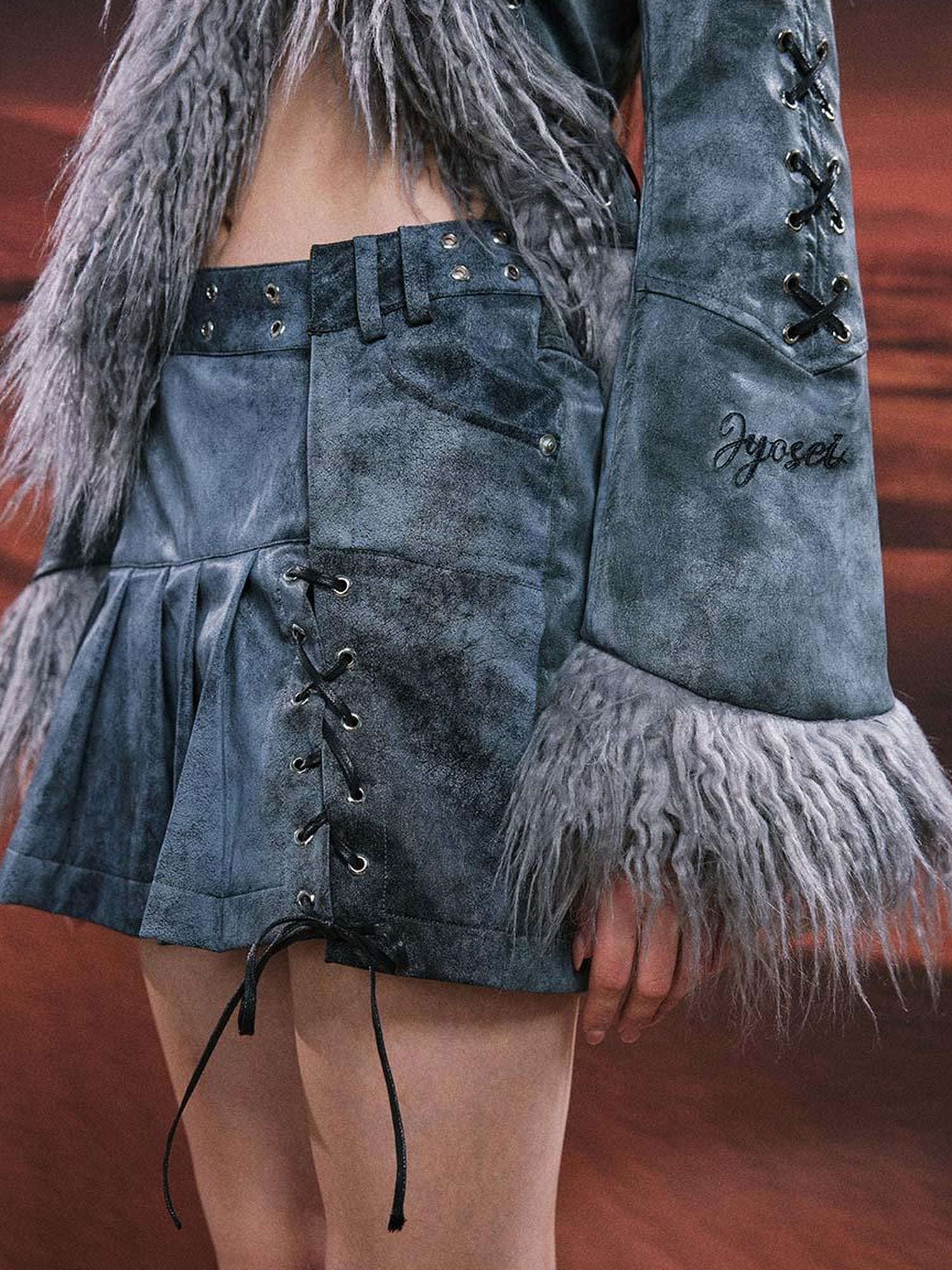 JYOSEI Smoky Grey Shearling Like Faux Leather Set With Wide Leg Pants
