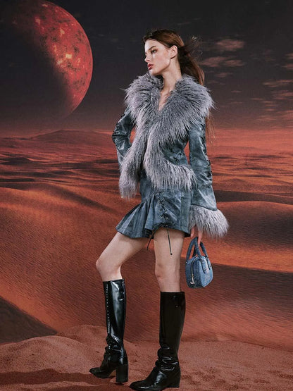 Smoky Grey Shearling Like Faux Leather Set With Wide Leg Pants