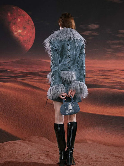 Smoky Grey Shearling Like Faux Leather Set With Wide Leg Pants