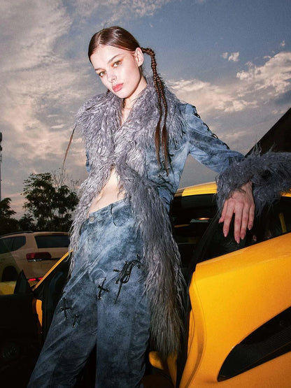 Smoky Grey Shearling Like Faux Leather Set With Wide Leg Pants