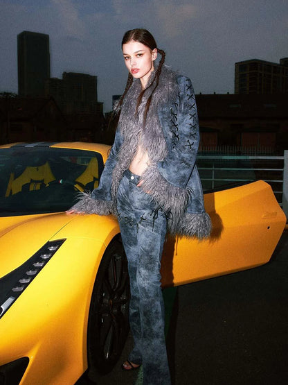 Smoky Grey Shearling Like Faux Leather Set With Wide Leg Pants