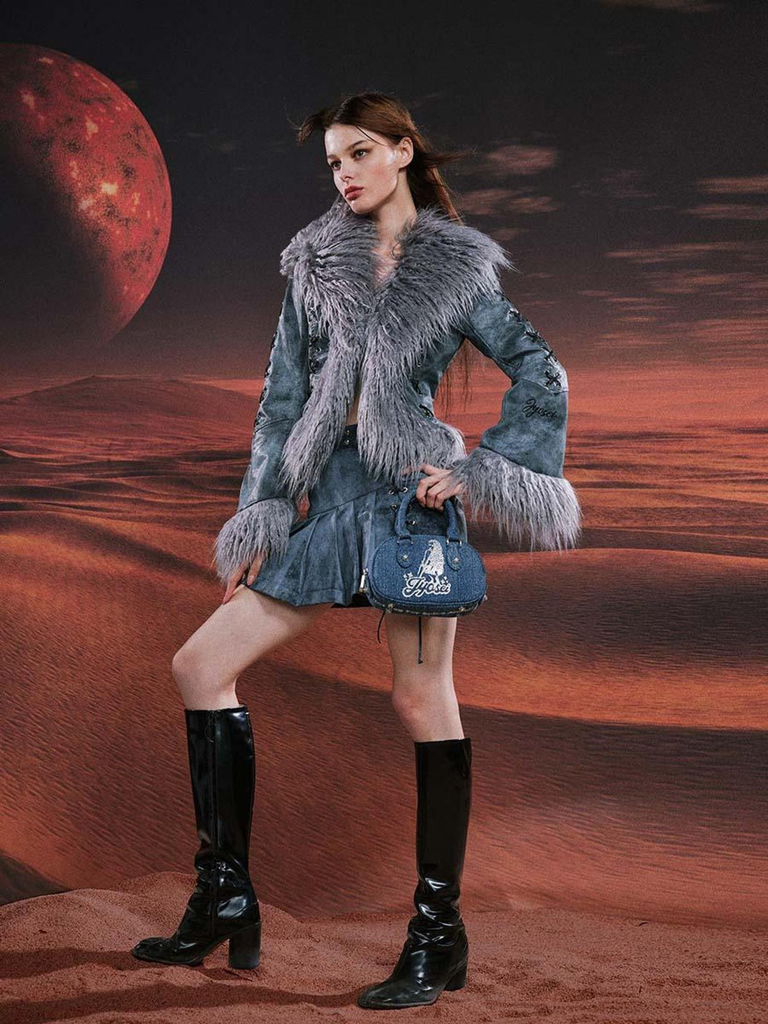 JYOSEI Smoky Grey Shearling Like Faux Leather Set With Wide Leg Pants