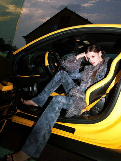 Smoky Grey Shearling Like Faux Leather Set With Wide Leg Pants