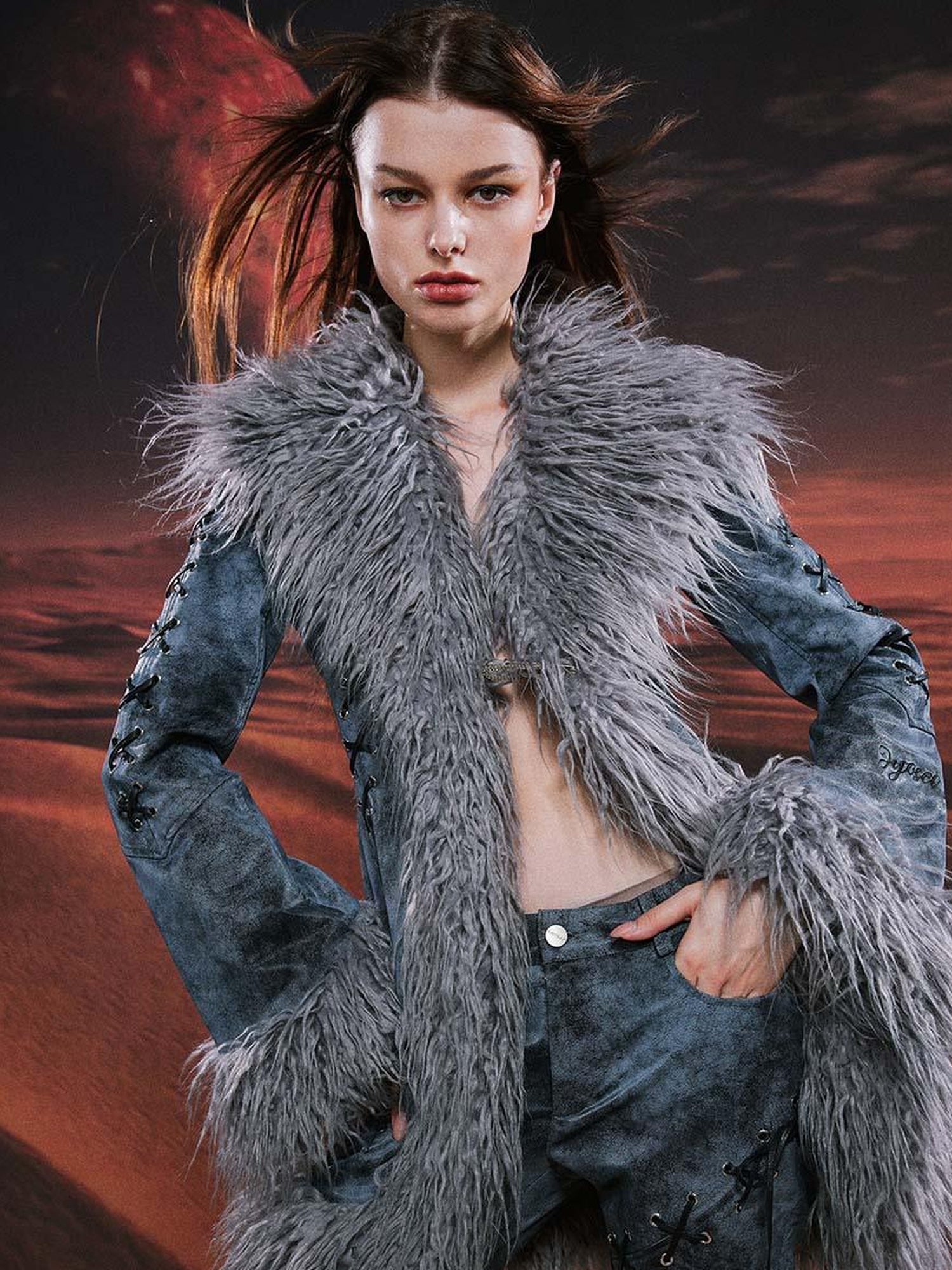 JYOSEI Smoky Grey Shearling Like Faux Leather Set With Wide Leg Pants