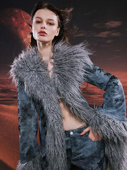 Smoky Grey Shearling Like Faux Leather Set With Wide Leg Pants