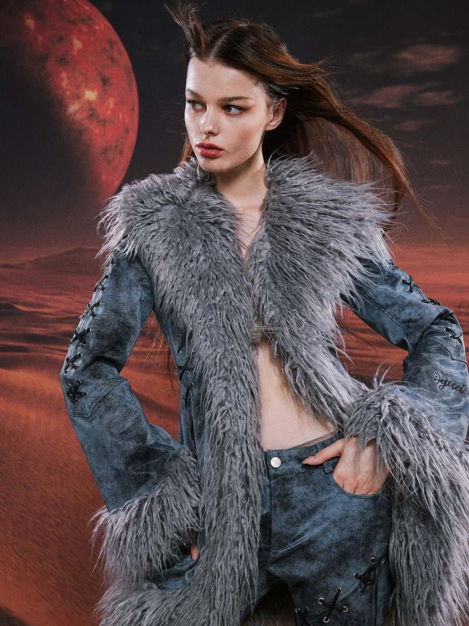 JYOSEI Smoky Grey Shearling Like Faux Leather Set With Wide Leg Pants