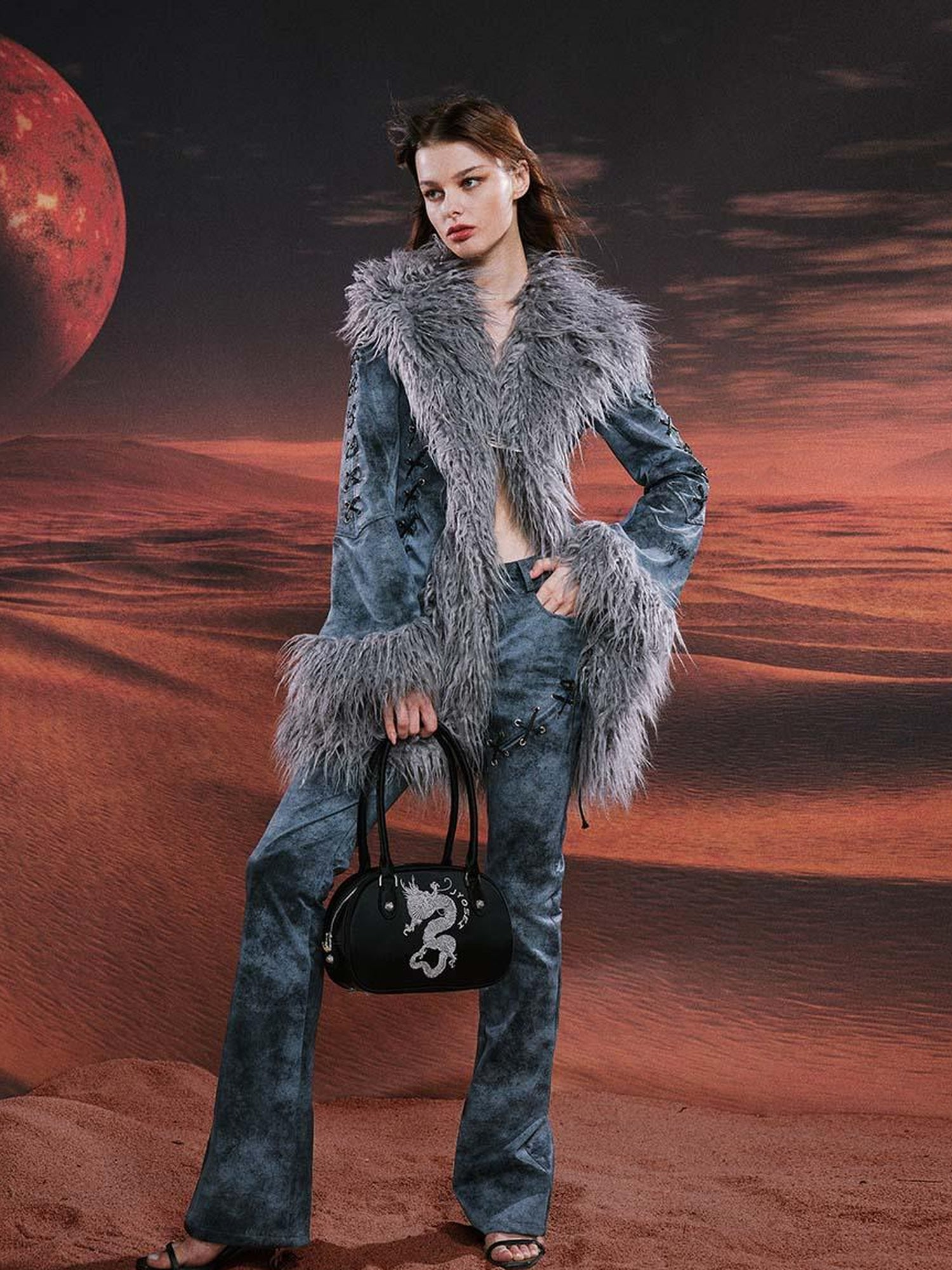 JYOSEI Smoky Grey Shearling Like Faux Leather Set With Wide Leg Pants