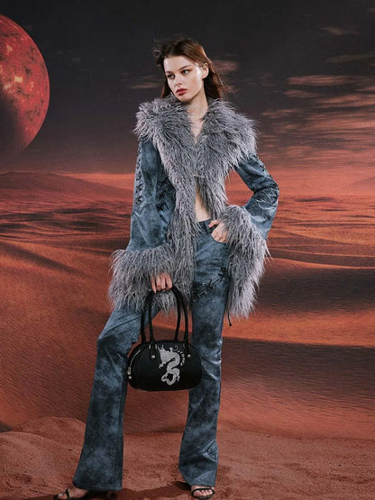 Smoky Grey Shearling Like Faux Leather Set With Wide Leg Pants