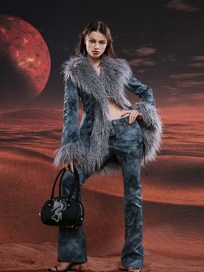 JYOSEI Smoky Grey Shearling Like Faux Leather Set With Wide Leg Pants