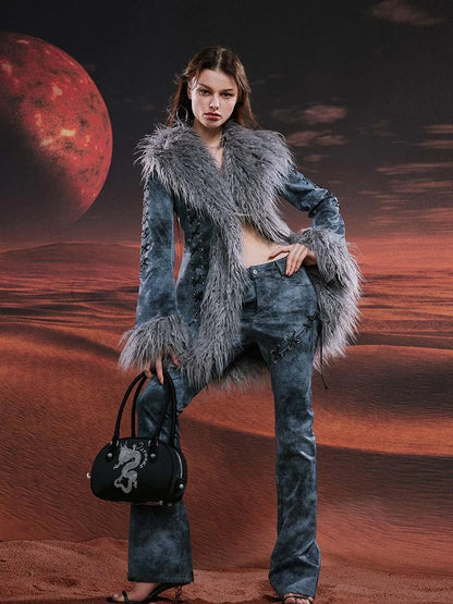 Smoky Grey Shearling Like Faux Leather Set With Wide Leg Pants