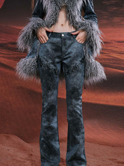 JYOSEI Smoky Grey Shearling Like Faux Leather Set With Wide Leg Pants