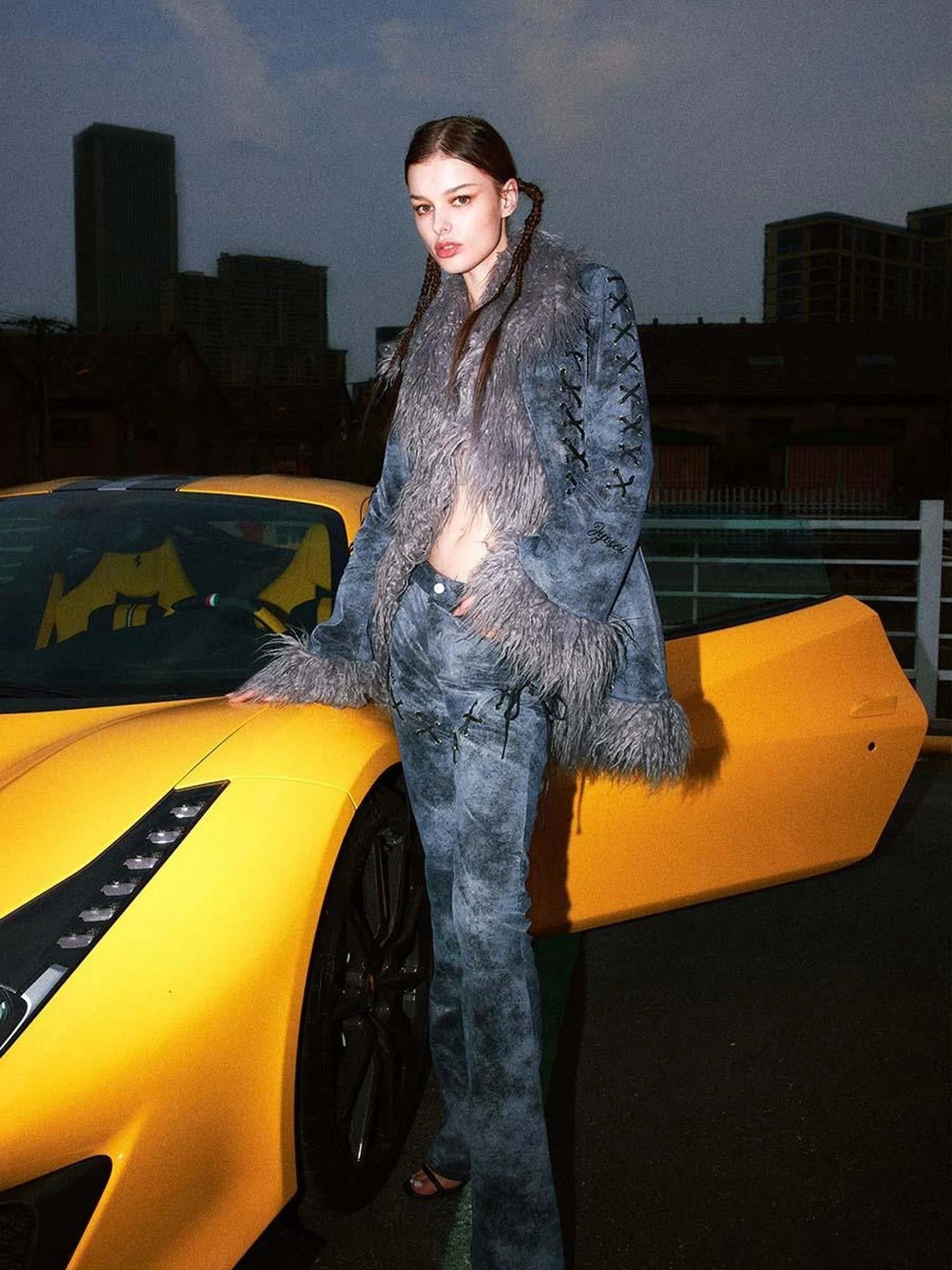 Smoky Grey Shearling Like Faux Leather Set With Wide Leg Pants