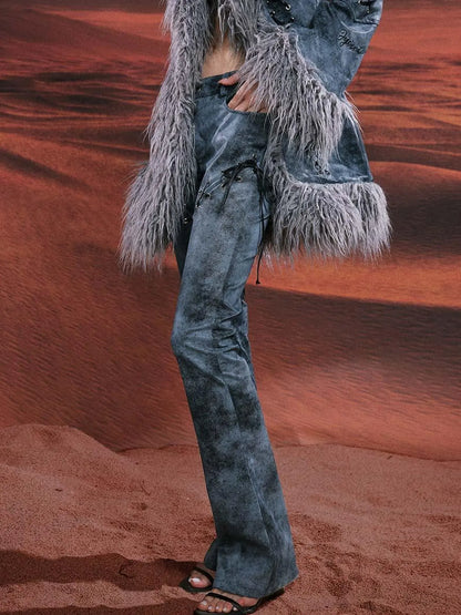Smoky Grey Shearling Like Faux Leather Set With Wide Leg Pants