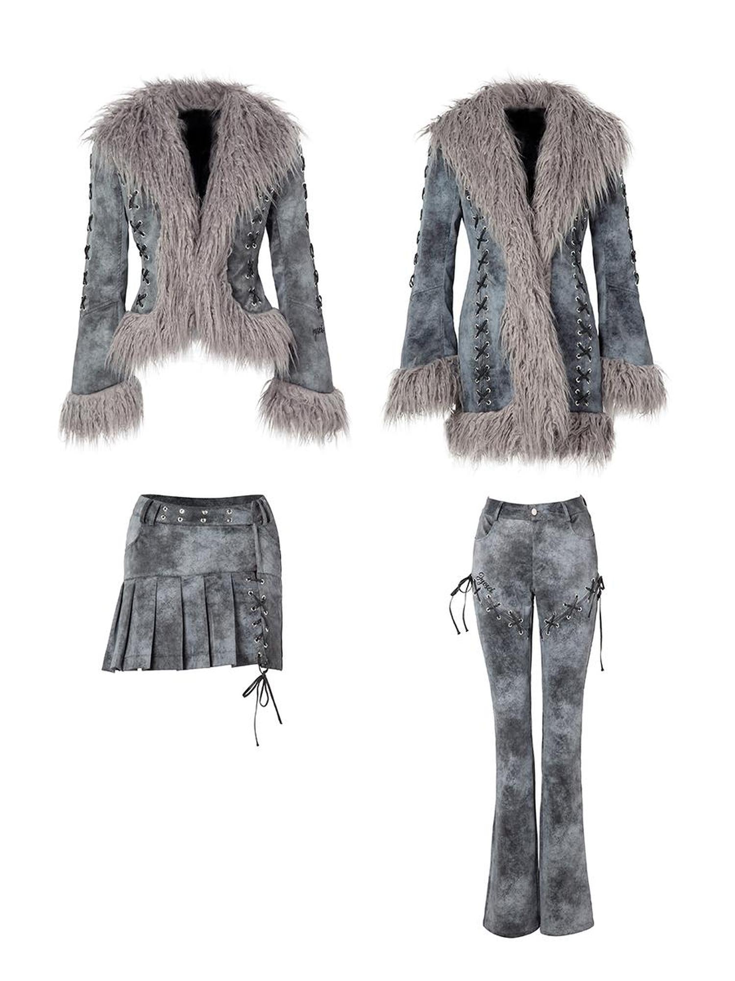 JYOSEI Smoky Grey Shearling Like Faux Leather Set With Wide Leg Pants