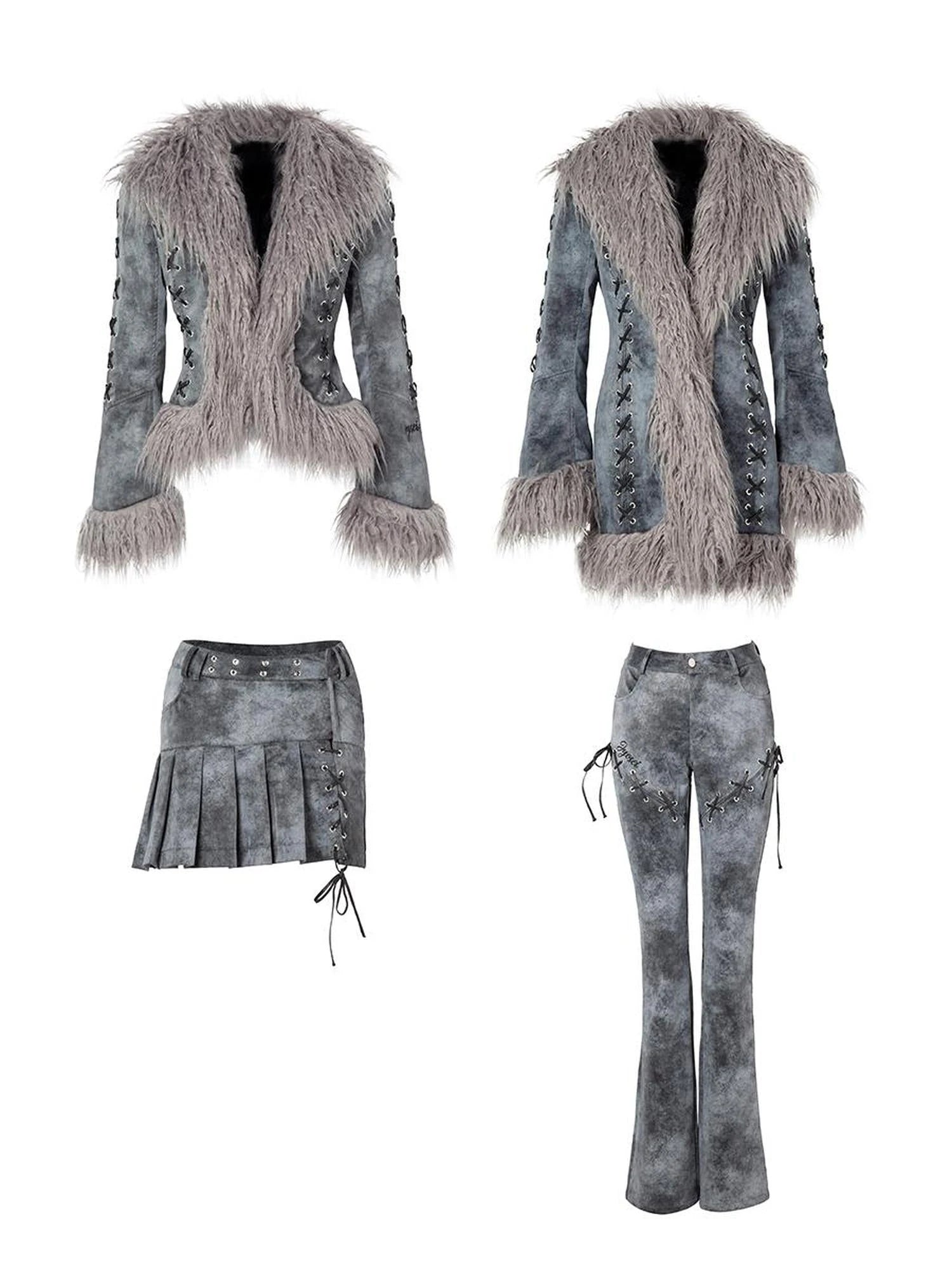 Smoky Grey Shearling Like Faux Leather Set With Wide Leg Pants