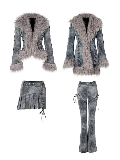 Smoky Grey Shearling Like Faux Leather Set With Wide Leg Pants
