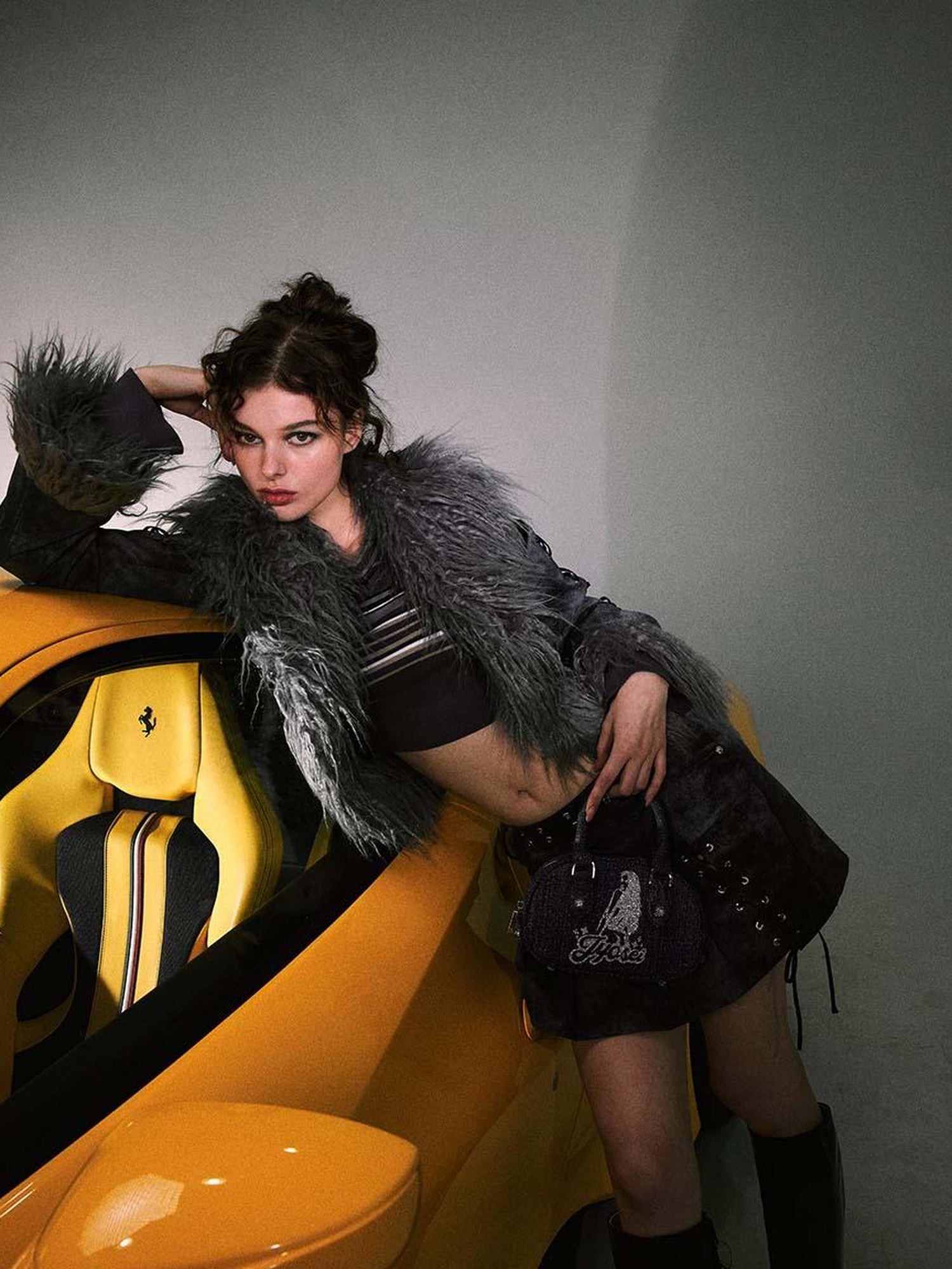 JYOSEI Smoky Grey Shearling Like Faux Leather Set With Wide Leg Pants