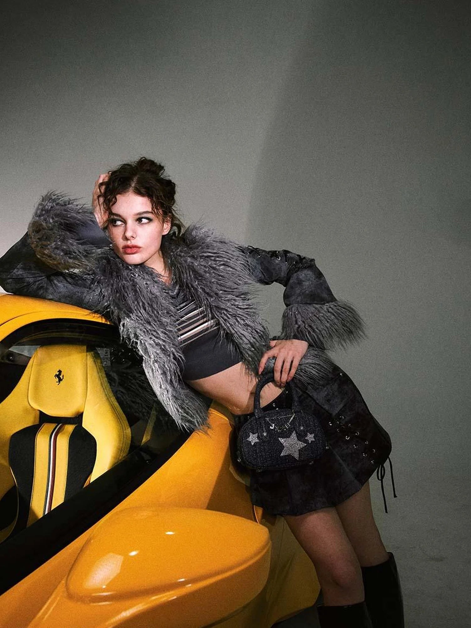 Smoky Grey Shearling Like Faux Leather Set With Wide Leg Pants