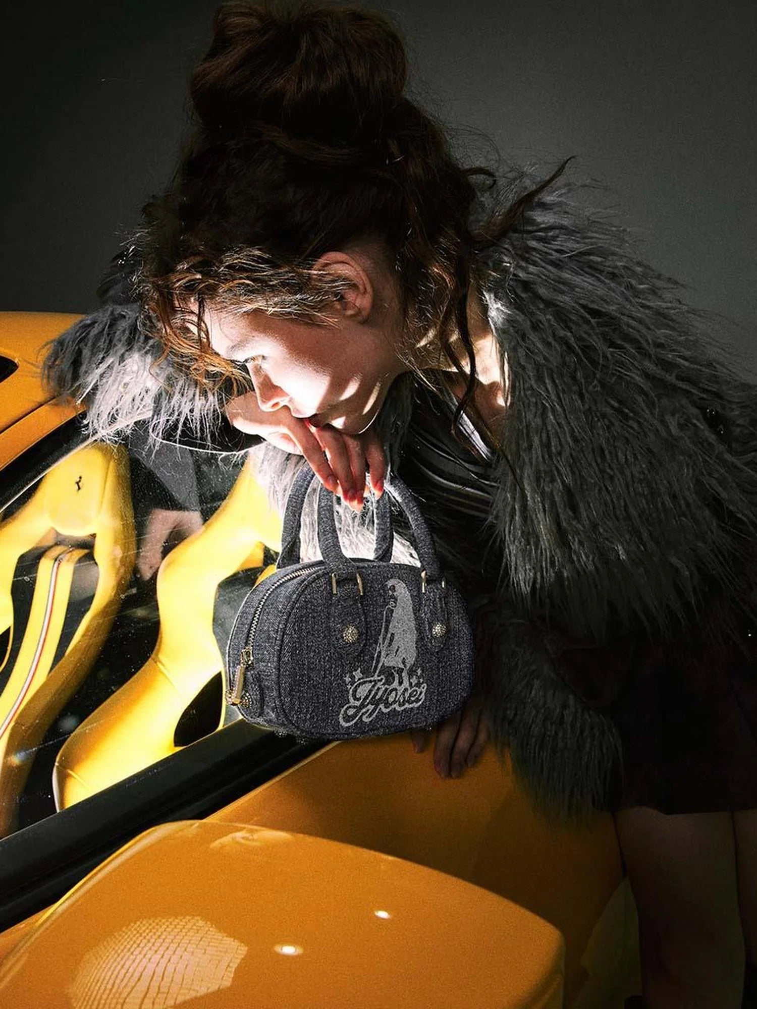 Smoky Grey Shearling Like Faux Leather Set With Wide Leg Pants