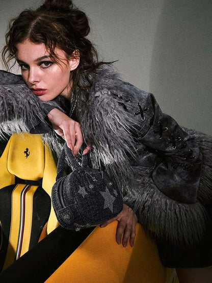 Smoky Grey Shearling Like Faux Leather Set With Wide Leg Pants