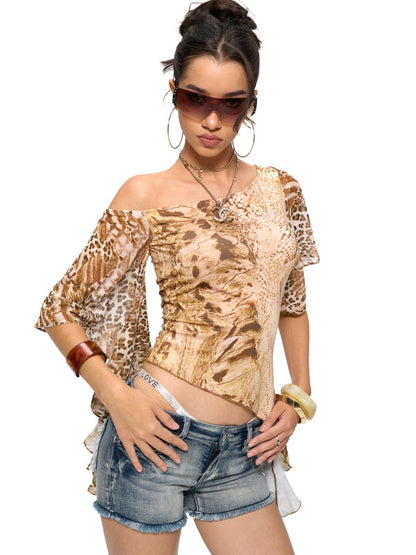 JYOSEI Snake Print Cowl Hem Asymmetric Top