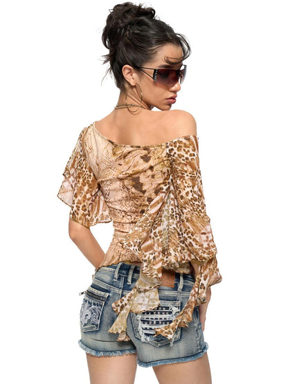JYOSEI Snake Print Cowl Hem Asymmetric Top