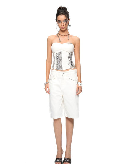 JYOSEI Snake Print PU Corset Top with Boning and Padded Bust
