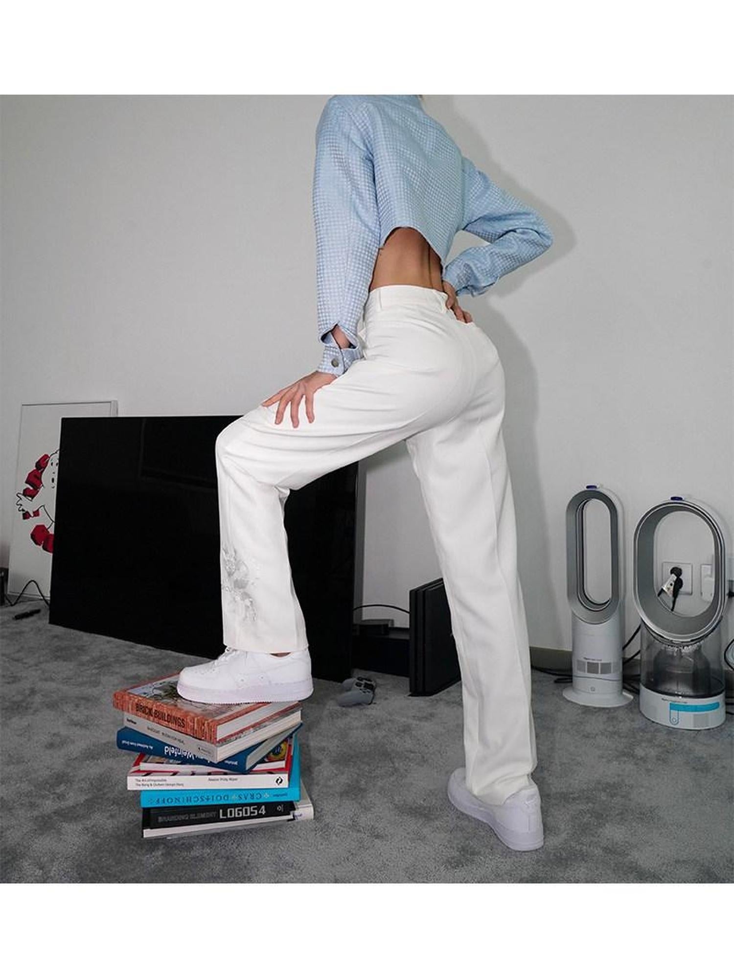 JYOSEI Soft 96% Cotton High Waist Straight Leg European Chic Young Women Ivory Pants