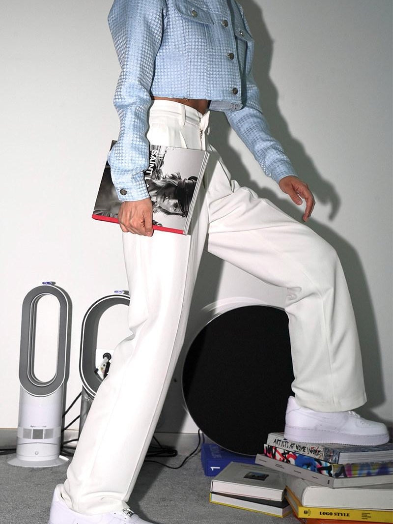 JYOSEI Soft 96% Cotton High Waist Straight Leg European Chic Young Women Ivory Pants