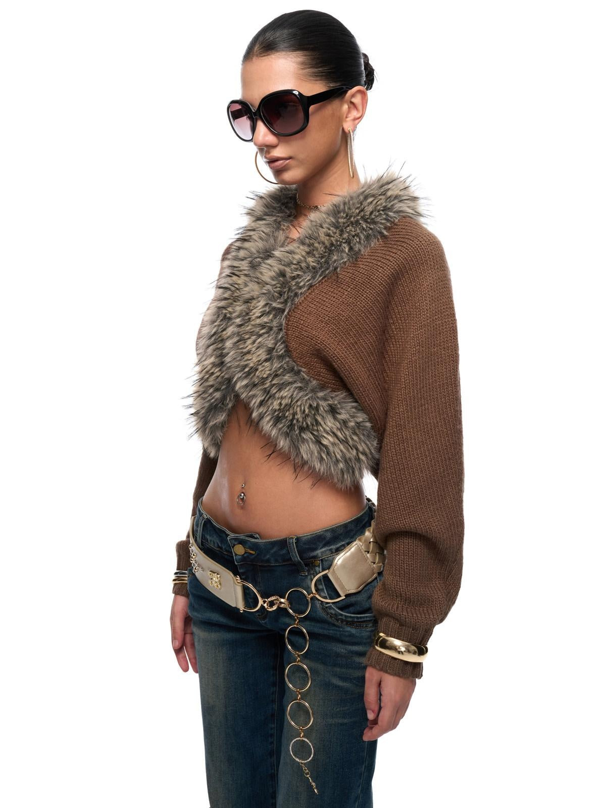 JYOSEI Soft Acrylic Knit European Loose Cinched Waist V-ceck Brown Girls Jacket