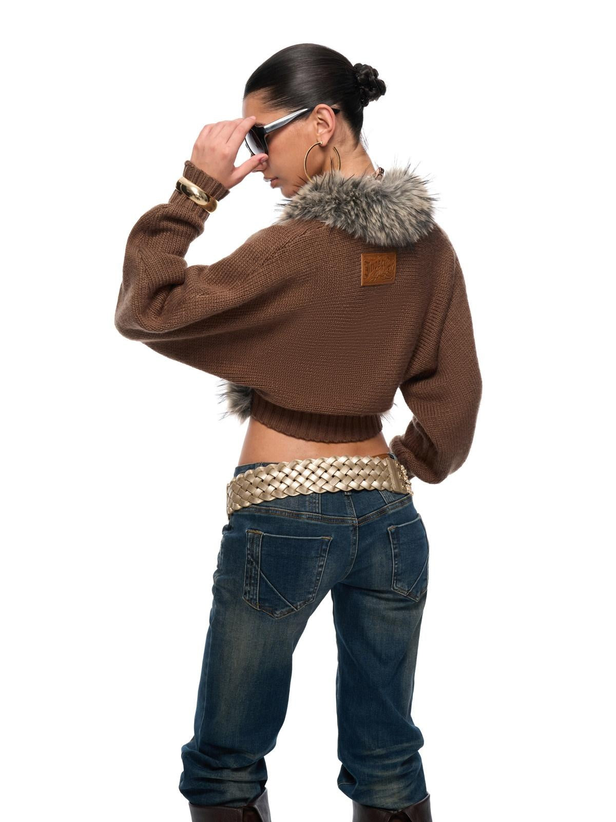 JYOSEI Soft Acrylic Knit European Loose Cinched Waist V-ceck Brown Girls Jacket