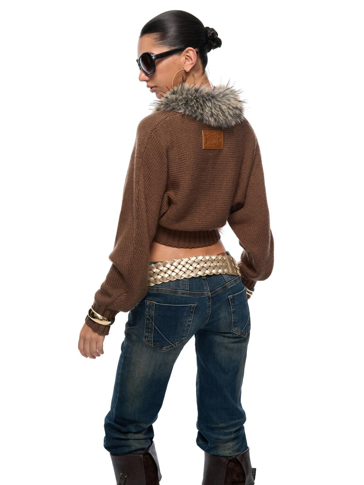 JYOSEI Soft Acrylic Knit European Loose Cinched Waist V-ceck Brown Girls Jacket