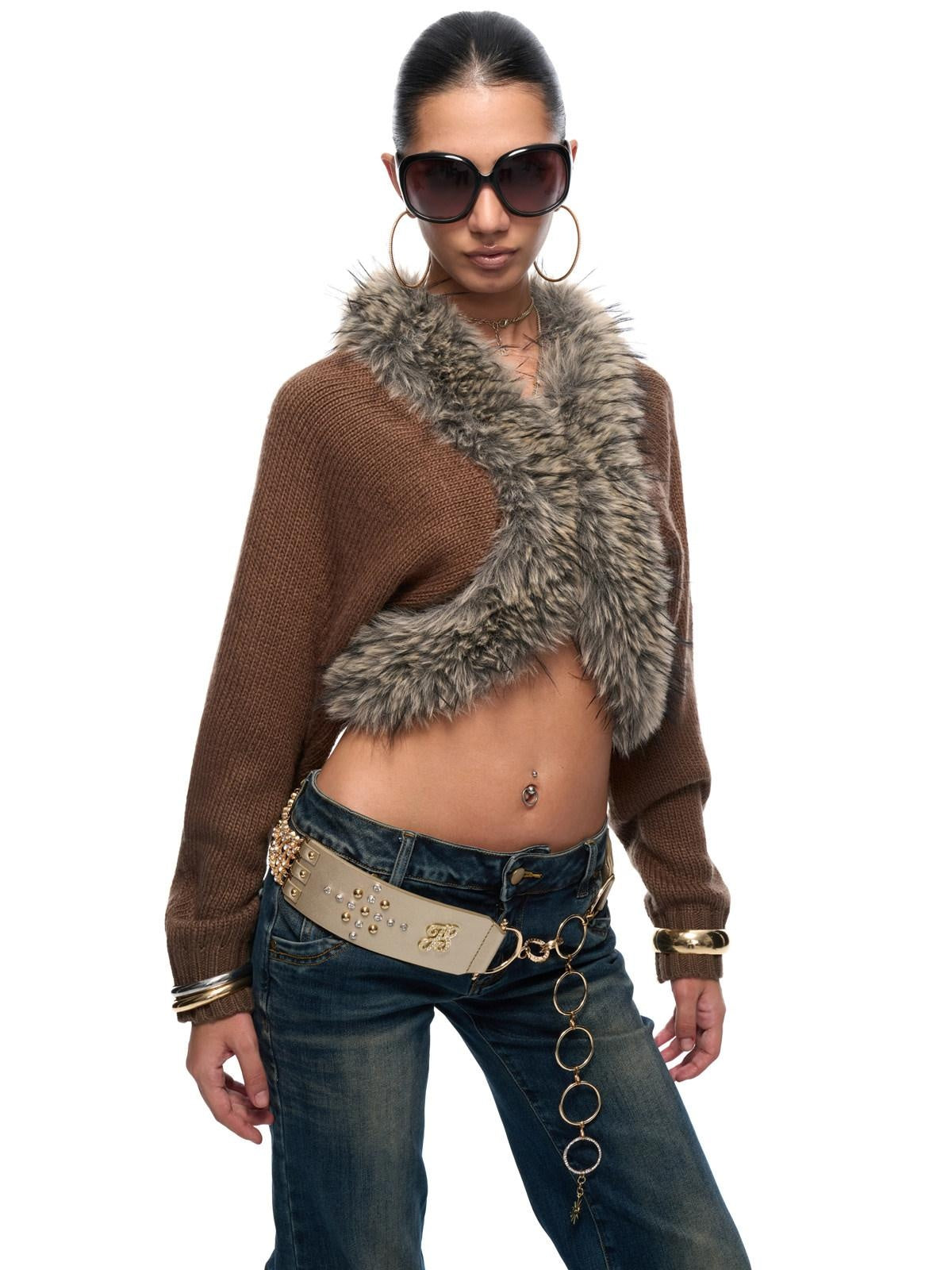 JYOSEI Soft Acrylic Knit European Loose Cinched Waist V-ceck Brown Girls Jacket