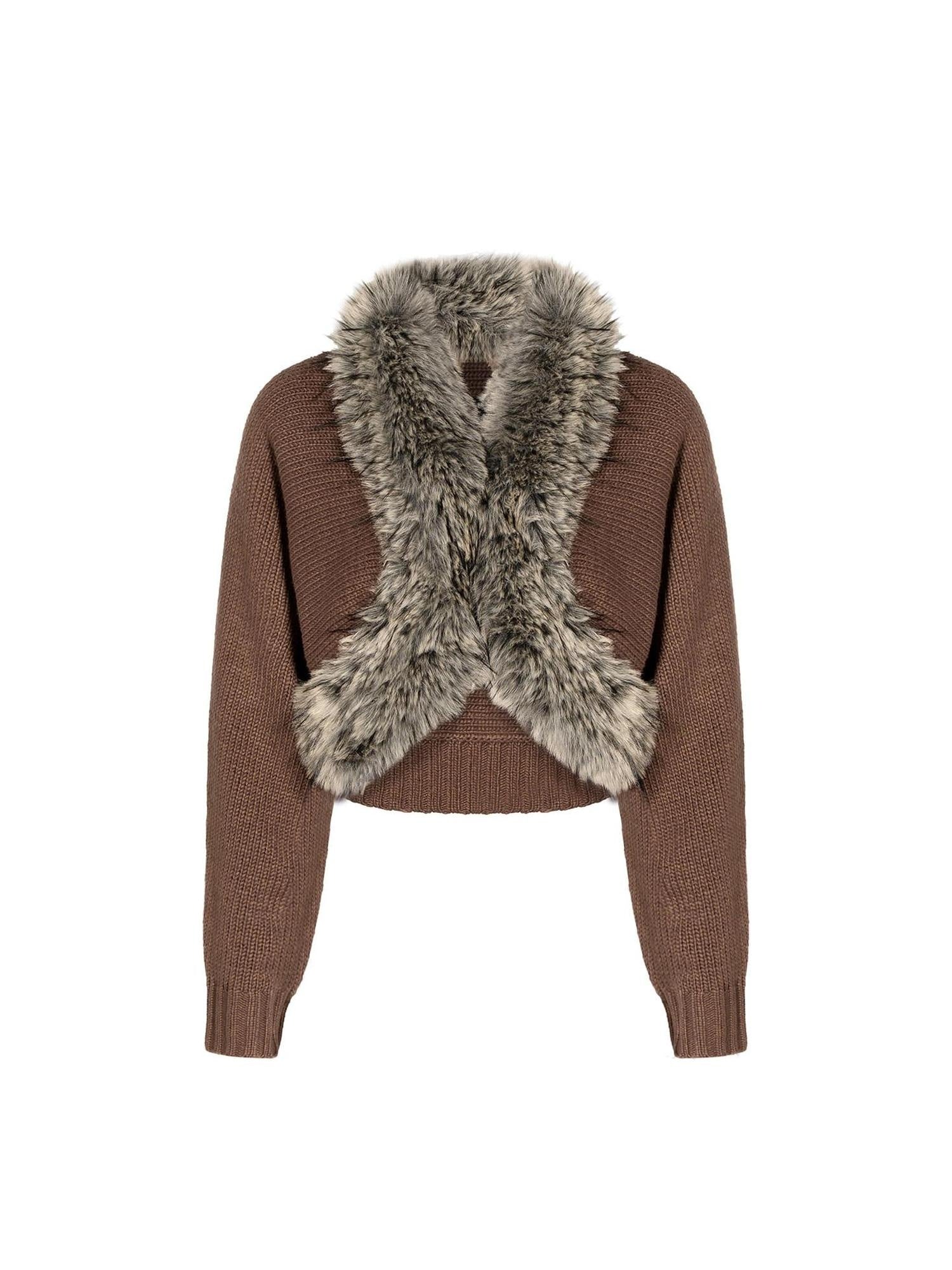 JYOSEI Soft Acrylic Knit European Loose Cinched Waist V-ceck Brown Girls Jacket