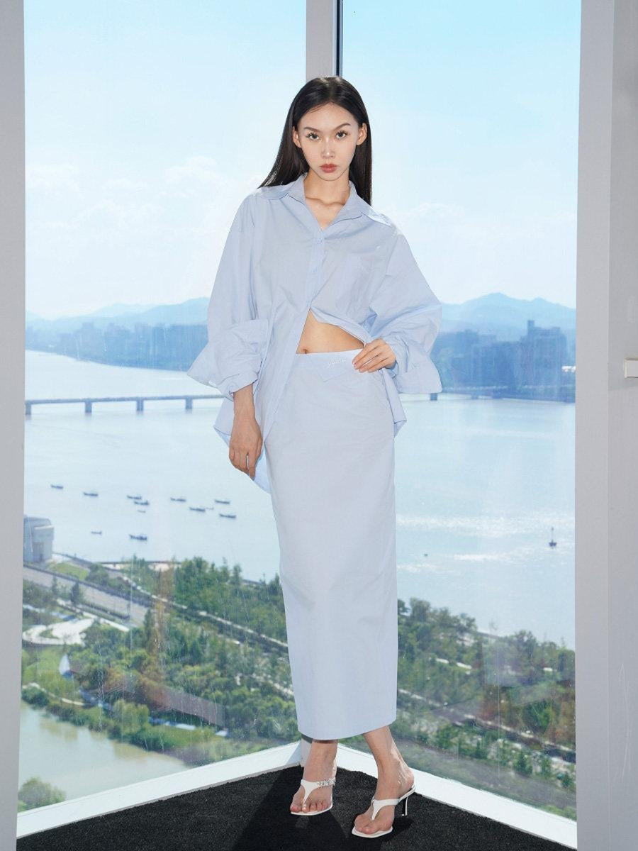 JYOSEI Soft Cotton Two Piece Blue Blouse Skirt Set Youth Slim Fit Women Suits