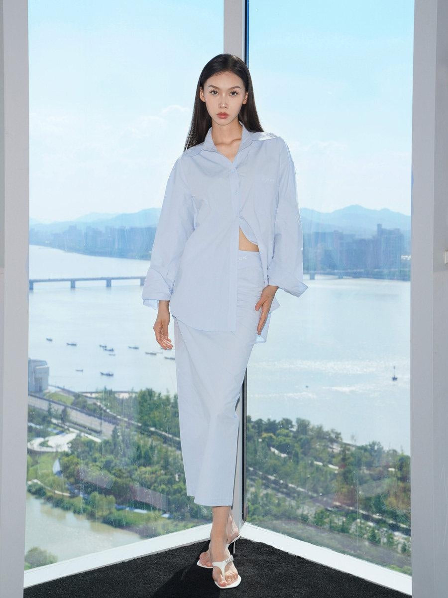 JYOSEI Soft Cotton Two Piece Blue Blouse Skirt Set Youth Slim Fit Women Suits
