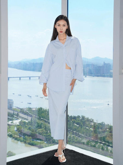JYOSEI Soft Cotton Two Piece Blue Blouse Skirt Set Youth Slim Fit Women Suits